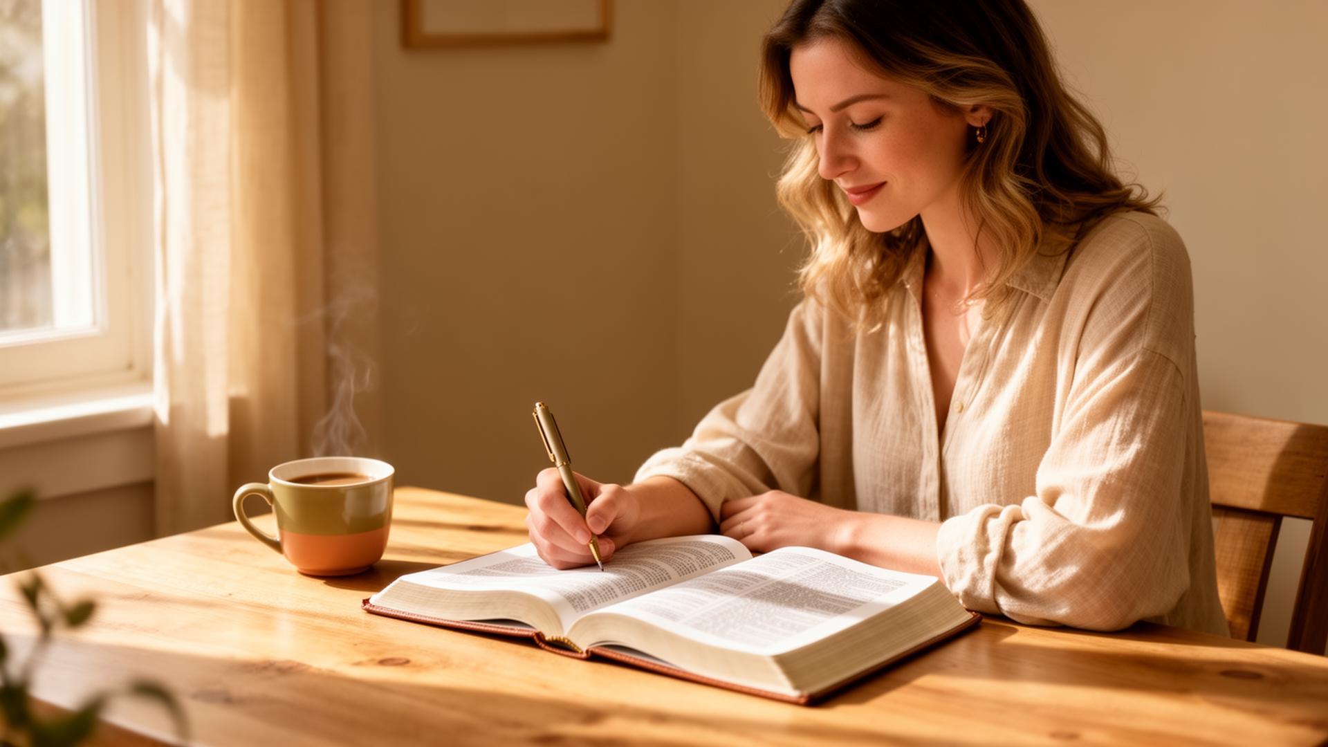 Mujer escribiendo en su diario junto a una Biblia abierta y café